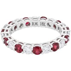 A classic alternating eternity wedding band ring that features round cut rubies weighing 1.34 carats and round white diamonds weighing 1.18 carats. The stones weigh a total of 2.52 carats. Set in shared-prongs setting in an open gallery design, this ring is made with 18K white gold. Size 7 US, resizable upon request. Roman Malakov is a custom house, specializing in creating anything you can imagine. If you would like to receive a special quote on a custom piece, please message or call us. Bezel Set Wedding Band, Ruby Eternity Band, Gorgeous Wedding Bands, Ruby Wedding Band, Diamond Eternity Wedding Band, Beautiful Wedding Rings, Jewelry Rings Diamond, Ruby Jewelry, Eternity Wedding Band