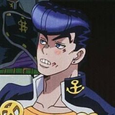 an animated image of a man in uniform with blue hair and piercings on his ears