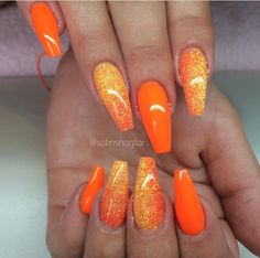 Tropical Colored Nails, 3 Color Nails Design, Neon Red Nails Art Designs, Glam Summer Nails, Orange Acrylic Nails Coffin, Trendy Orange Nails, Tropical Summer Nails, Orange Acrylic Nails, Nails Orange