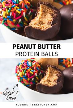 peanut butter protein balls with chocolate and sprinkles