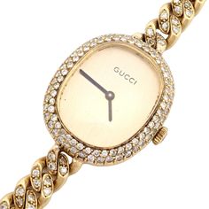 About This Piece: This vintage Gucci ladies' watch, crafted in 18k yellow gold, exudes timeless elegance.  Featuring a manual wind mechanism, it is adorned with approximately 3 carats of sparkling diamonds around the bezel and band.  The watch combines functionality with luxury, making it a sophisticated accessory for any occasion.  Its classic design speaks of Gucci's unparalleled craftsmanship. Brand Name: Gucci GenderLadies Case Material18k Yellow Gold Dial ColorGold Movement 17j Manual Wind FunctionsHours, Minutes Case Diameter22.5mm x 25.5mm CasebackSolid 18k Yellow Gold Bezel Material18k Yellow Gold Bezel FunctionFixed Band is 18k Gold adorned with diamonds Clasp Material18k Gold More About the Piece: Metal: 18k yellow gold Measurements: Weight: Total Length: Fits Wrist: 22.5mm x 25. Chanel Ring, Watch Cufflinks, Hermes Jewelry, Gucci Watch, Cartier Ring, Ladies Watch, Sparkle Diamonds, Estate Jewelry, Vintage Gucci