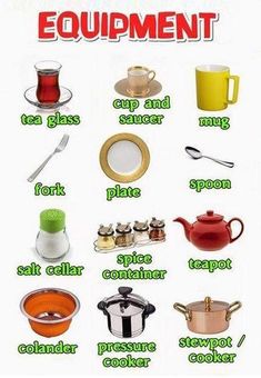 there are many different types of cooking equipment on this page, including tea pots and saucers