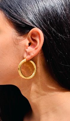 Our Large patterned hoops are a captivating and trendy variation of classic hoop earrings. These earrings feature a larger size (lightweight), drawing attention to the wearer's face while making a bold fashion statement. Tarnish Resistant; Hypoallergenic Hoop Size: 35mm, 45mm, 55mm Width: 6mm Clasp: Hinged  Material: 18 Karat Gold Filled, Hypoallergenic. Tarnish Resistant. Gold-filled does not de-laminate or peel like Gold plated Jewelry nor does it tarnish as readily as silver. Generally speaking, gold filled is better quality and will have a much longer lasting color than plated jewelry. We recommend keeping abrasive chemicals away from the jewelry for the items to last. Thank you for visiting and supporting our small business! We hope you will find a stylish piece that speaks to you! ♥ Hoop Earrings Big, Thick Gold Hoops, Chunky Hoop Earrings, Earrings Big, Big Hoop Earrings, Alessandra Ambrosio, Vanessa Hudgens, Big Earrings, Jessica Alba