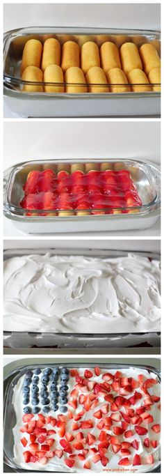 three trays filled with different types of desserts on top of eachother