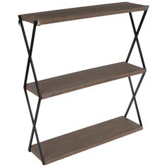 three tiered shelving unit with metal frame and wood top, on an isolated white background