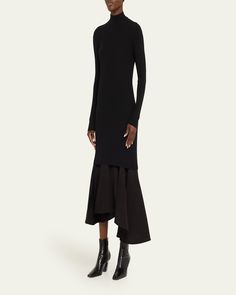 Bottega Veneta ribbed knit dress featuring an asymmetric flounce underskirt in matte fluid viscose canvas    Turtleneck    Long sleeves    Fitandflare silhouette    Hem falls below the knee    Invisible back zip    Viscose/hemp/pvc    Made in Italy Turtleneck Midi Dress, Cocktail Jacket, Evening Flats, Ribbed Knit Dress, Lingerie Sleepwear, Sweater Skirt, Handbags On Sale, Designer Collection, Bottega Veneta