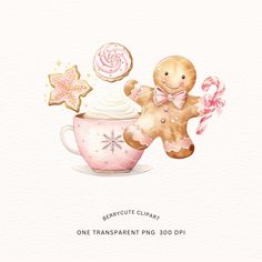 a watercolor drawing of a gingerbread man in a teacup with cookies and candy