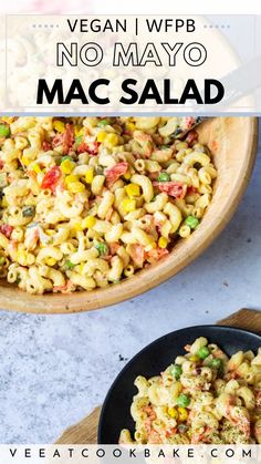 vegan macaroni salad in a bowl with text overlay that reads vegan wpb ohine mayo nudelsalat