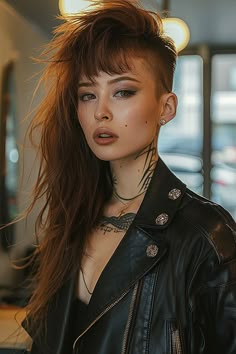 A woman with an edgy long shag hairstyle featuring a daring undercut. Long Shag With Undercut, Long Mohawk Women, Long Mullet Shaved Sides, Long Undercut Hairstyles, Shaved Sides With Bangs, Shag Long Hair, Long Hair Shaved Side, Long Punk Hair, Shaved Sides Haircut