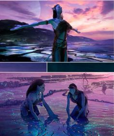 three different pictures of two women in the water and one with her arms spread out