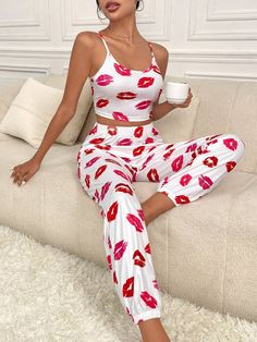 Cheap Pink Heart Print Sleepwear, Cheap Heart Print Tops For Loungewear, Cheap Fitted Intimates For Pajama Party, Cheap Letter Print Sleepwear For Lounging, Pajama Set White, Sleepwear Women Pajamas, Silky Pajamas, Lip Print, Satin Short