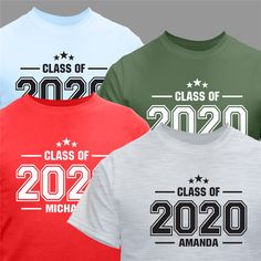 three t - shirts with class of 2020 printed on the front and back in different colors