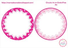 two circular paper plates with pink and white designs on the front, one has an ornate border