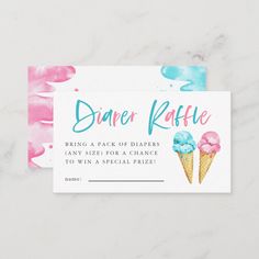 a pink and blue watercolor ice cream ticket card with the words dance raffle on it