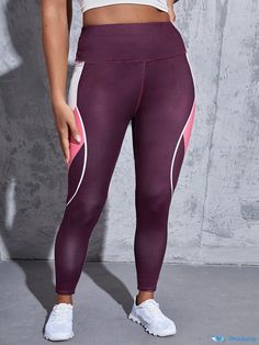 Orcajump - Plus Size Sports Leggings, Women's Plus Colorblock Stripe Print Wide Band Waist High Rise Medium Stretch Skinny Fitness Leggings Athleisure Training Bottoms With Color Block, Stretch Sports Bottoms With Contrast Color, Sporty Yoga Bottoms With Color Block, Compression Color Block Sports Bottoms, Sportswear Gym Leggings With Color Block, Sportswear Bottoms With Color Block For Gym, Sporty Purple Tights For Sports, Sports Bottoms With Contrast Panels And Stretch, Sporty Purple Training Leggings