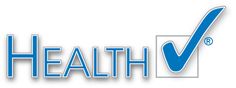 the health v logo is shown in blue and white with an arrow pointing to it