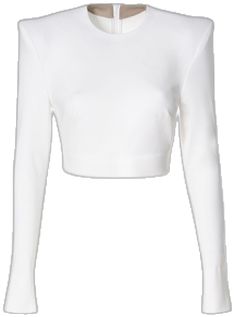 Chic White Stretch Long Sleeve Top, Long Sleeve Tops With Structured Shoulders For Party, Long Sleeve Tops With Structured Shoulders For Evening, White Stretch Chic Long Sleeve Top, Evening Tops With Structured Shoulders And Long Sleeves, Party Tops With Structured Shoulders And Long Sleeves, Elegant Long Sleeve Fitted Crop Top, Elegant White Long Sleeve Crop Top, Chic Cropped Long Sleeve Fitted Top