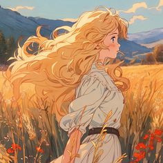 a woman with long blonde hair walking through a field