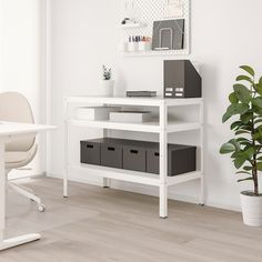 a white desk with two black bins and a potted plant on the side