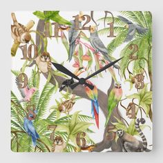 a square clock with many different animals and plants on it's face, in front of a white background