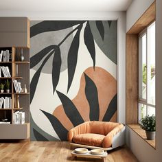 an orange chair sitting in front of a book shelf on top of a hard wood floor