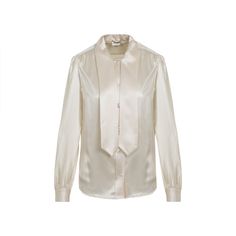 Saint Laurent Chalk White Silk Blouse. Pure chalk white shirt blouse, pointed Lavallière collar, front buttoned fastening, long puff sleeves, buttoned cuffs, straight hem.Gender: WomenMaterial: 100%SILKColor: WHITEMade in: ITProduct ID: 650235.Y001W_9601*Import tax/duty will be calculated at checkout (If applicable) Luxury White Viscose Blouse, Saint Laurent Shirt, White Silk Blouse, White Shirt Blouse, Chalk White, Long Puff Sleeves, Women Shirts Blouse, White Silk, Women's Wardrobe