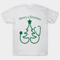 a white t - shirt that says merry christmas with a green tree on the front