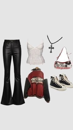 #rockstargf #rockstargirlfriend #outfit #aesthetic #fit #rockstargfoutfit #rocknroll #arabella #red #black #leather #vibes #rockstargirlfriendoutfit #necklace #bracelet #80s #concert #outfitcheck Pop Rock Aesthetic Outfits, Rock N Roll Outfit, 80s Concert, 2000s Fits, Rock And Roll Girl, Rocker Outfit, Aesthetic Fit, Rock Aesthetic