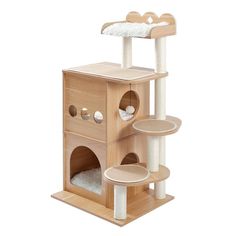 a wooden cat tree with two cats on it's top and one in the middle