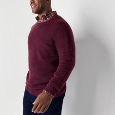 Every cold-weather wardrobe needs stylish essentials like this St .John's Bay men's big and tall sweater. Cut in a classic-fit, it's made from a soft recycled cotton-knit with a bit of stretch, this pullover has a crew neckline and long cuffed sleeves. Wear it with jeans or pants.Closure Type: Pullover HeadFit: Classic FitNeckline: Crew NeckSleeve Length: Long SleeveFiber Content: 45% Polyester, 30% Recycled Polyester, 23% Acrylic, 2% SpandexFabric Description: KnitCare: Machine Wash, Dry FlatC… Red Relaxed Fit Winter Sweater, Red Relaxed Fit Sweater For Winter, Classic Burgundy Winter Sweater, Casual Burgundy Crew Neck Sweater, Casual Red Sweater For Cold Weather, Classic Crew Neck Outerwear For Cold Weather, Crew Neck Outerwear With Ribbed Collar For Cold Weather, Cold Weather Crew Neck Sweater With Ribbed Cuffs, Cozy Burgundy Winter Sweater