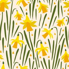 yellow daffodils and green grass on a white background seamless wallpaper