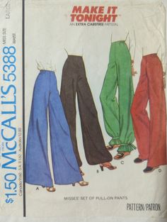 three different colored pants are shown on the front and back of a sewing pattern,