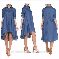 Hi Lo Light Denim Dress With 2 Pockets For Women Wear It Whichever Way You Want Long Sleeve Denim Dress, Long Sleeve Denim Shirt, Shirts Women Fashion, Denim Shirt Dress, Loose Blouse, Loose Dress, Casual Denim, Mode Style, African Dress