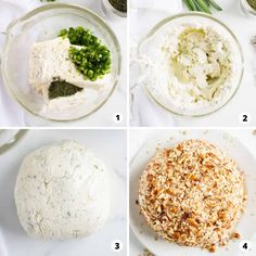 four pictures showing how to make an appetizer with cheese, herbs and other ingredients