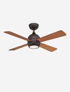 a ceiling fan with two wooden blades and a light on the top of each blade