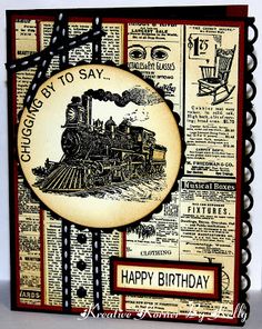 a birthday card with an old fashioned train on the front and words that say, happy birthday