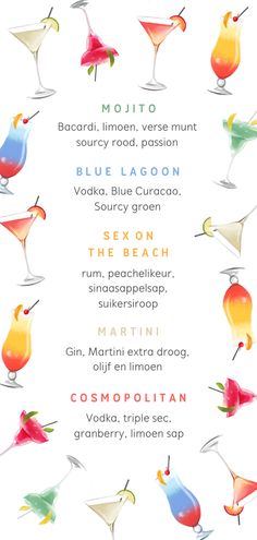 a menu with different types of cocktails on it