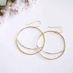 Mixed Metal Large Circle Earrings / Gifts for her / Sterling Silver or 14k Gold Filled / Minimalist / Dainty Jewelry / Crescent Moon Gold Hammered Half Moon Jewelry, Hammered Gold Half Moon Jewelry, Dainty Moon-shaped Jewelry For Everyday, Gold Crescent Hoop Earrings For Everyday, Everyday Gold Crescent Hoop Earrings, Elegant Half Moon Brass Jewelry, Modern Open Circle Wedding Jewelry, Gold Hoop Jewelry With Moon Phase Detail, Minimalist Round Hoop Earrings For Anniversary