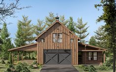 a large wooden barn with two garages on the front and side of it, surrounded by trees