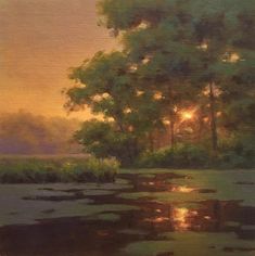 a painting of trees and water at sunset