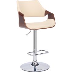 a white and brown bar stool sitting on top of a metal base