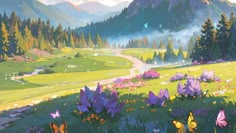 a painting of mountains and flowers in the foreground, with a trail running through them