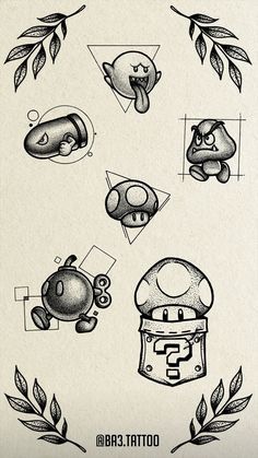 an image of some cartoon characters in the style of tattoo art, including mushrooms and leaves