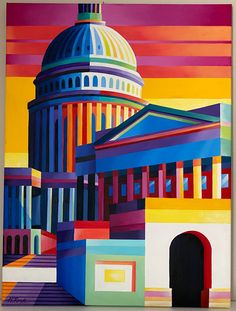 an oil painting of the capitol building in washington d c, with colorful stripes on it