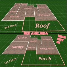 a floor plan for a house with the names in pink and green on each side