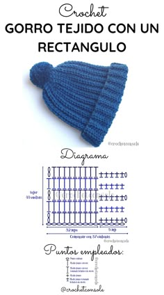 a blue knitted hat with the words gorro tejudo con un rectanglello