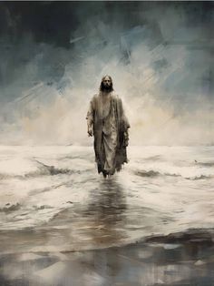 a painting of a man walking in the water