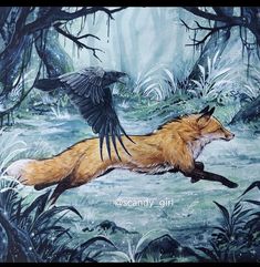 a painting of a fox and bird in the woods