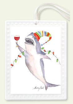 a watercolor painting of a shark with a party hat holding a wine glass in it's mouth