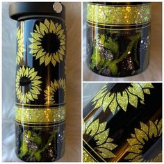 this is an image of sunflowers painted on the side of a canister